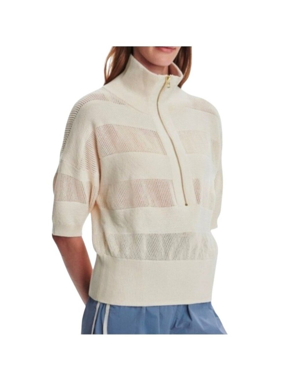 Varley Kembria Cream Stripe Half Zip Sweater Women's Large Short Sleeve Pullover